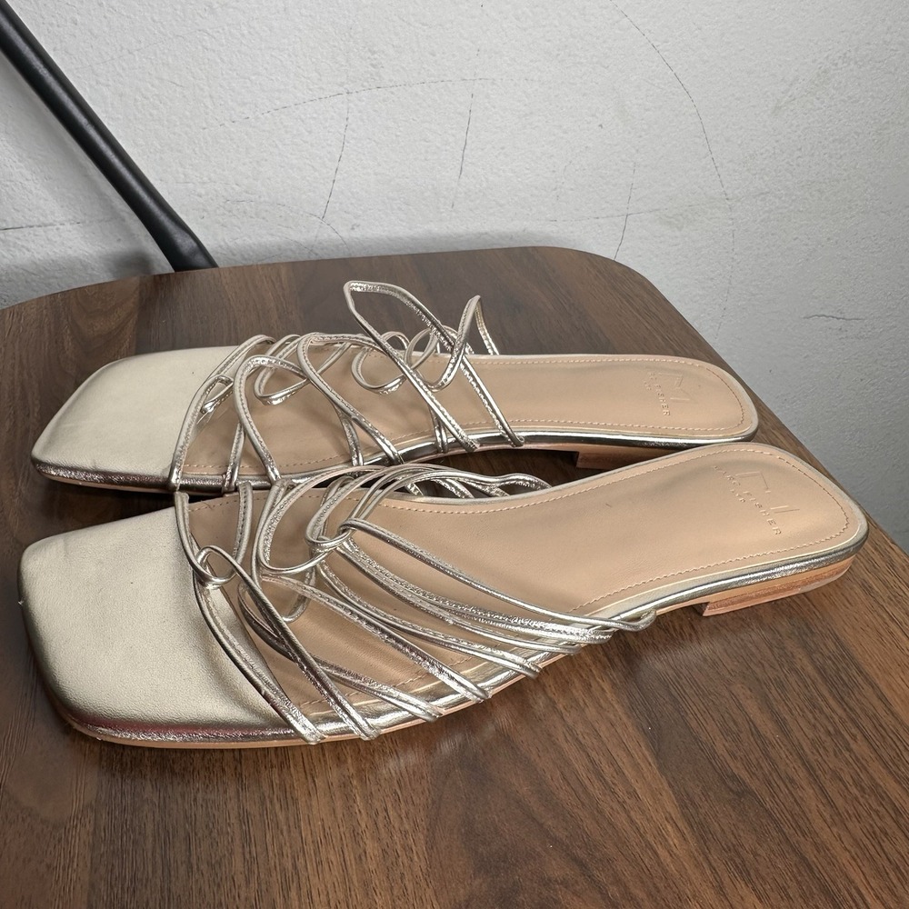 Marc Fisher Marcio Slide Sandal Gold Interlocking Strap Leather Women's 8.5